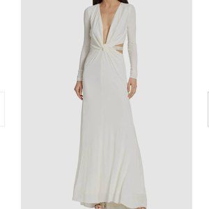 Halston Sofia Jersey Crystal Band Gown - Long Sleeve Plunge Dress